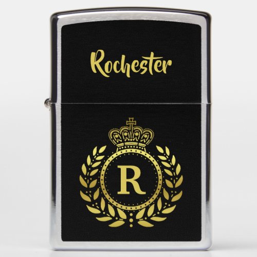 Royal Monogram Gold Laurel Wreath Crown with Name Zippo Lighter