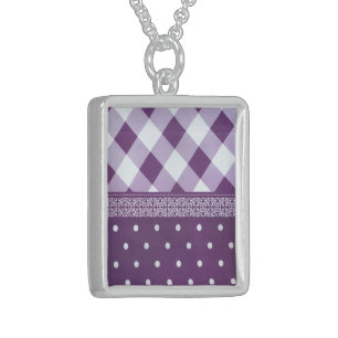 Royal Mosaic   Purple & White Checkered Floral Dam Sterling Silver Necklace
