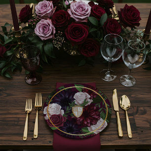 Royal Muse Medieval Fantasy Crest & Floral Wedding Paper Plates