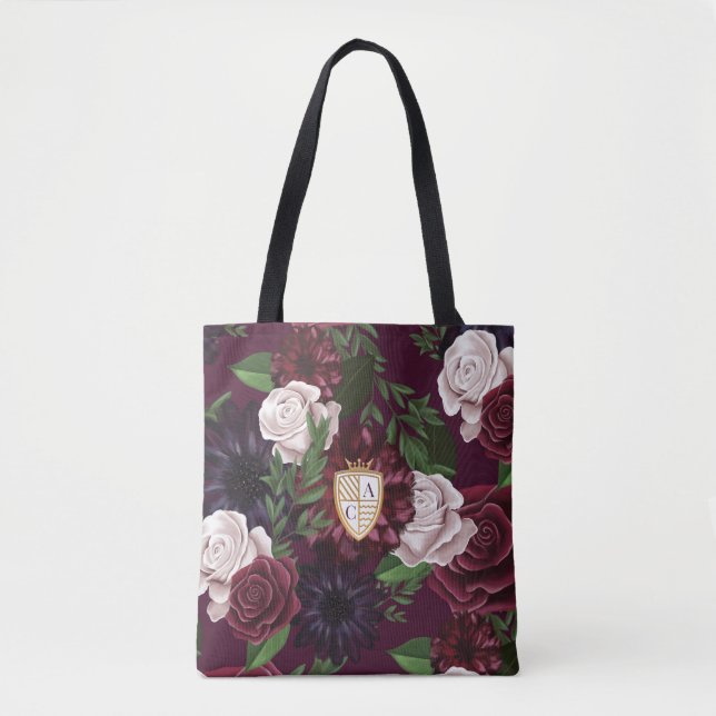Royal Muse Medieval Fantasy Crest & Floral Wedding Tote Bag (Front)
