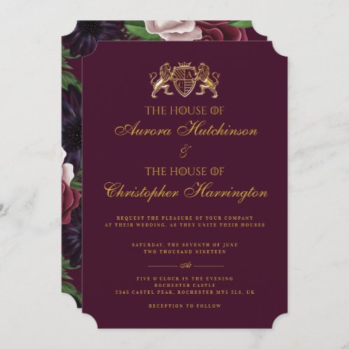 Royal Muse Medieval Fantasy Plum Floral Wedding Invitation