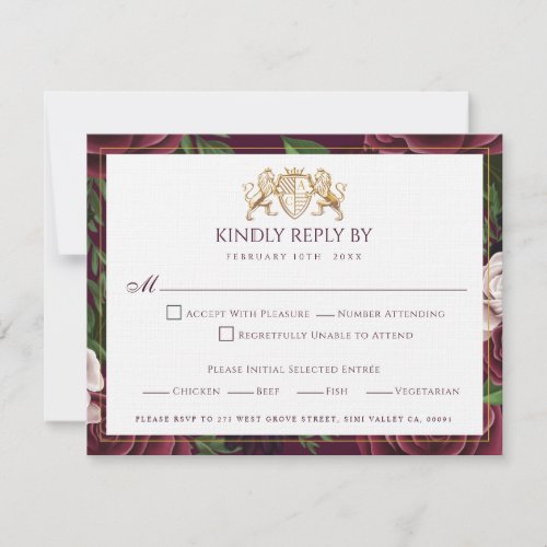 Royal Muse Medieval Lion Crest  Floral Wedding RSVP Card