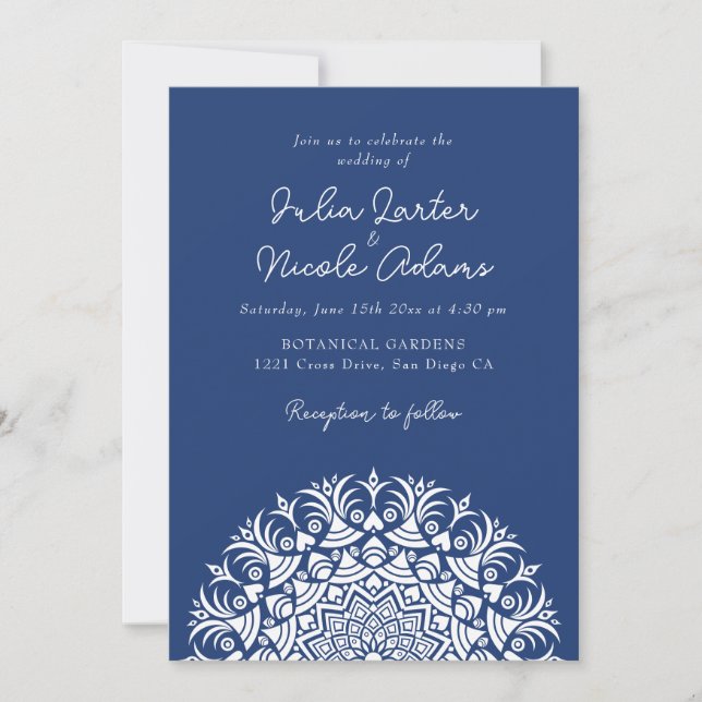 Royal Navy Blue Abstract Mandala Wedding Invitation (Front)