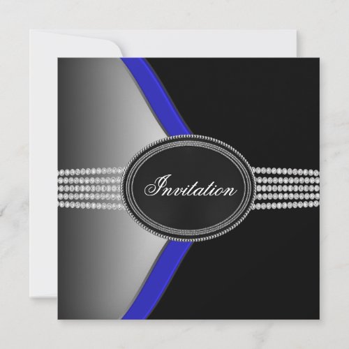 Royal Navy Blue Black Diamond Black Tie Party Custom Announcements