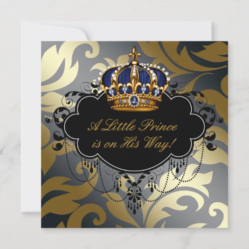 Royal Navy Blue Black Gold Prince Baby Boy Shower Invitation