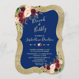Royal Navy Blue Blush Floral Gold Brunch & Bubbly Invitation