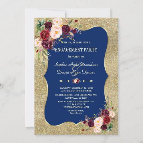Royal Navy Blue Blush Floral Gold Engagement Invitation