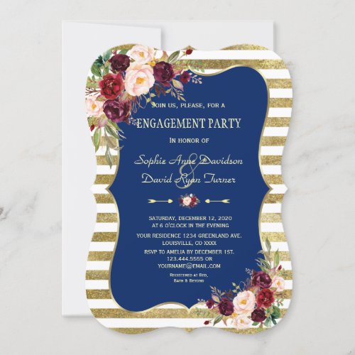 Royal Navy Blue Blush Floral Gold Engagement Invitation