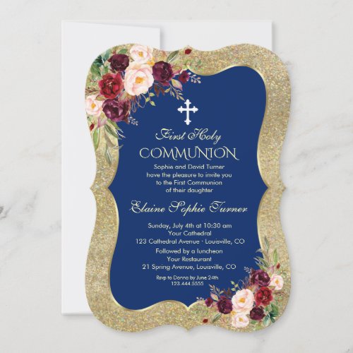 Royal Navy Blue Blush Floral Gold First Communion Invitation
