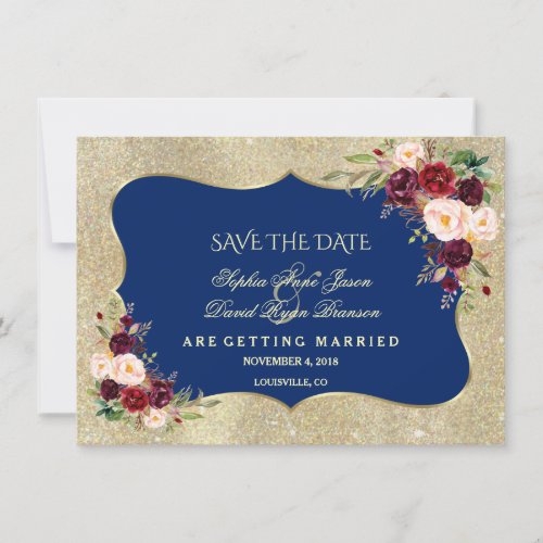 Royal Navy Blue Blush Floral Gold Save The Date