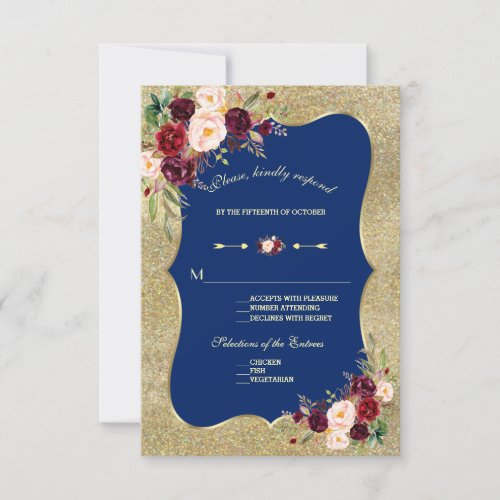 Royal Navy Blue Blush Floral Gold Wedding RSVP