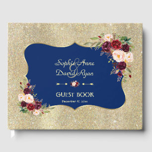 Royal Navy Blue Blush Floral Gold Wedding RSVP Guest Book