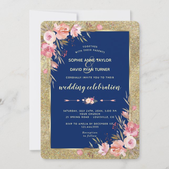 Royal Navy Blue Blush Peonies Gold Wedding Invitation (Front)