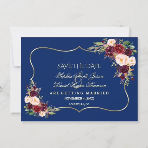 Royal Navy Blue Burgundy Floral Gold Save The Date