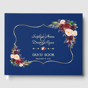 Royal Navy Blue Burgundy Floral Wedding Guest Book