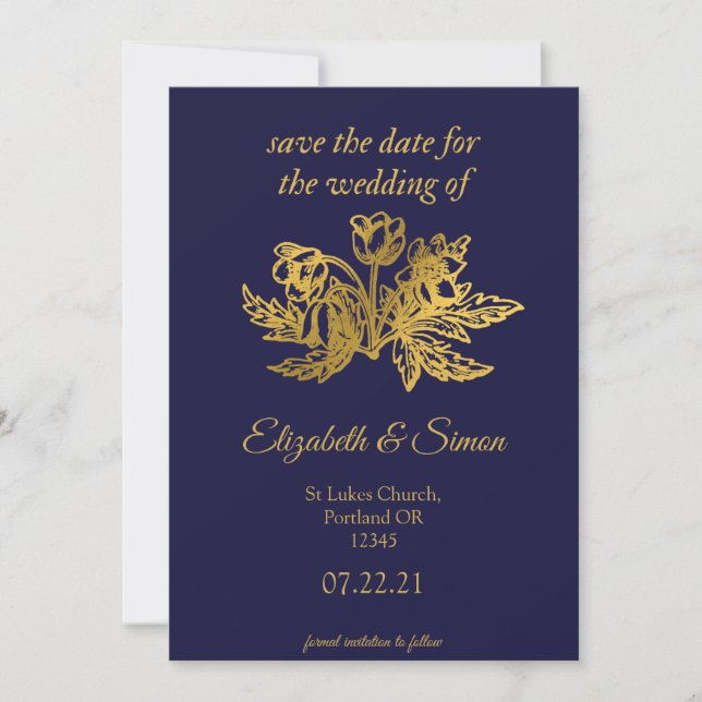 royal navy blue elegant gold photo save the date (Front)