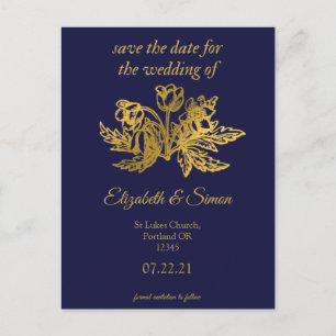 royal navy blue elegant gold save the date announcement postcard