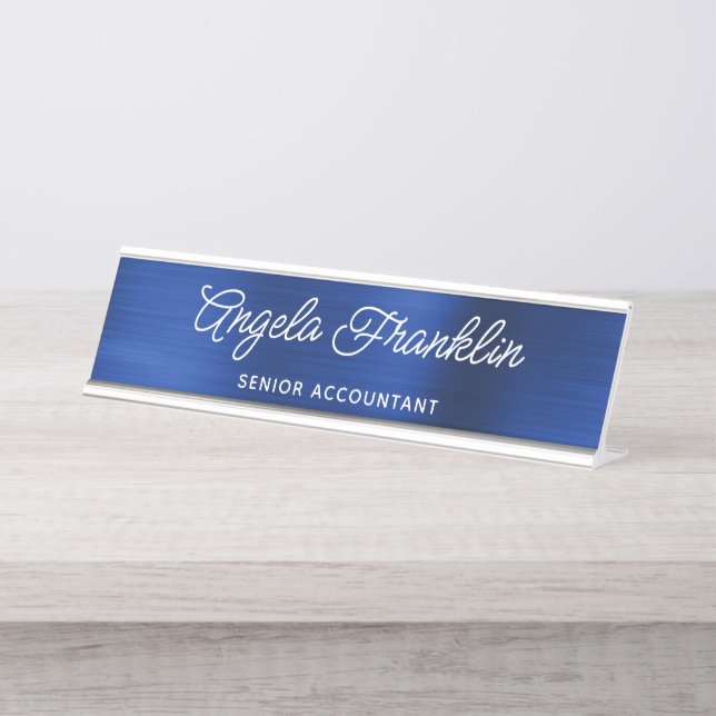 Royal Navy Blue Faux Metallic Foil Desk Name Plate (Front)