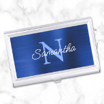 Royal Navy Blue Faux Metallic Foil Monogram Business Card Case<br><div class="desc">Create your own light blue and white monogrammed modern minimalist business card case.
Modern monoline style script for her name over a more classic style monogram font.
The background features a faux royal blue and navy ombre brushed metal style foil that prints like a photo.</div>
