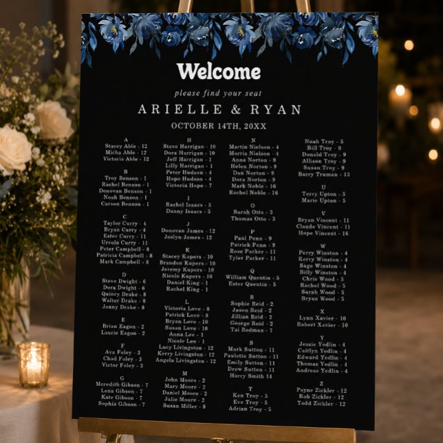 Royal Navy Blue Floral Alphabetical Seating Chart (Creator Uploaded)