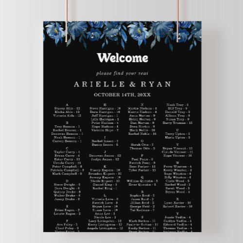 Royal Navy Blue Floral Alphabetical Seating Chart