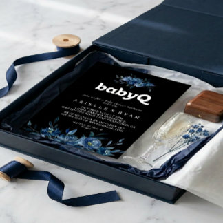 Royal Navy Blue Floral BabyQ Baby Shower Barbecue Invitation