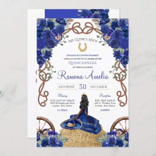 Royal Navy Blue Floral Charro Western Quinceanera  Invitation