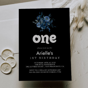 Royal Navy Blue Floral First Birthday Party  Invitation