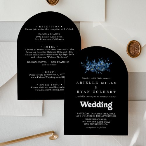 Royal Navy Blue Floral Front & Back Wedding  Invitation