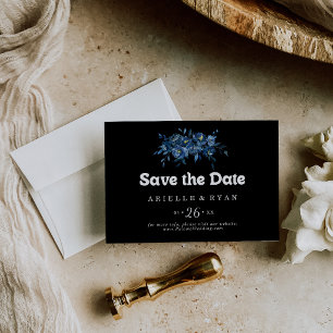 Royal Navy Blue Floral Horizontal Wedding Save The Date