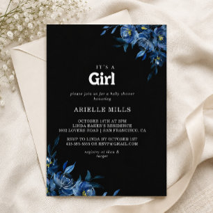 Royal Navy Blue Floral It's A Girl Baby Shower Invitation