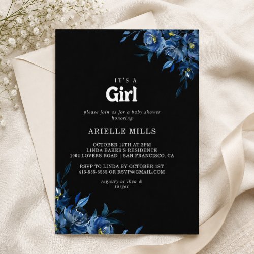 Royal Navy Blue Floral It's A Girl Baby Shower  Invitation