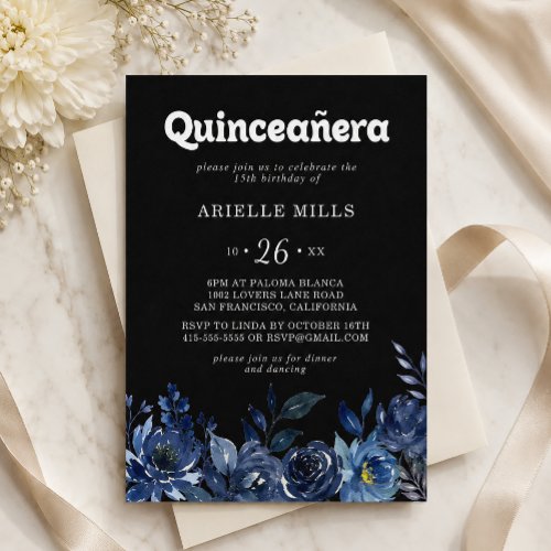 Royal Navy Blue Floral Quinceañera Invitation