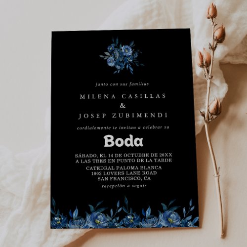 Royal Navy Blue Floral Spanish Wedding Invitation