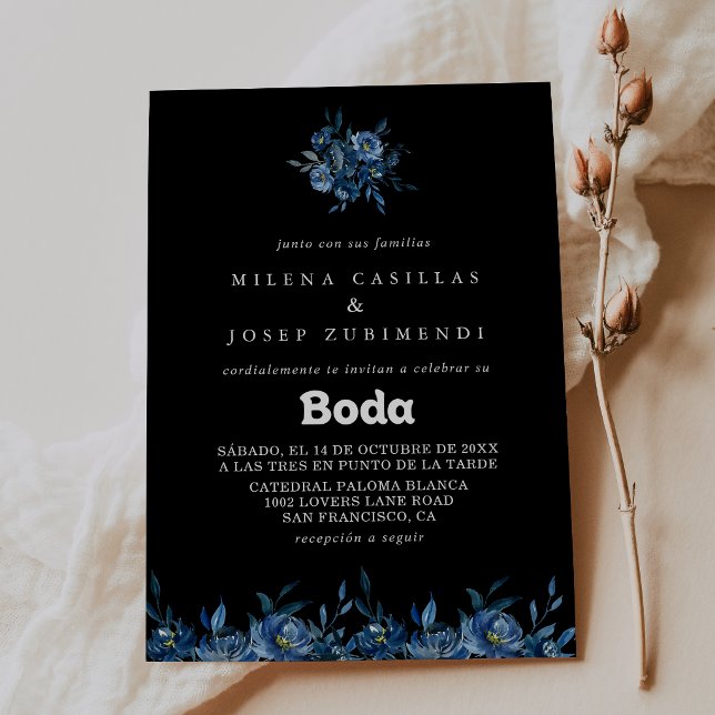 Royal Navy Blue Floral Spanish Wedding Invitation (Creator Uploaded)