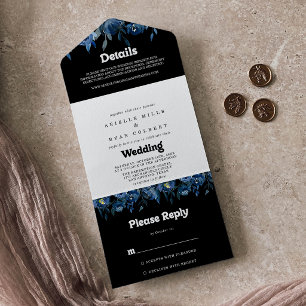 Royal Navy Blue Floral Wedding     All In One Invitation