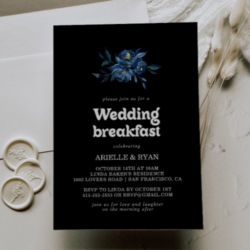 Royal Navy Blue Floral Wedding Breakfast Invitation