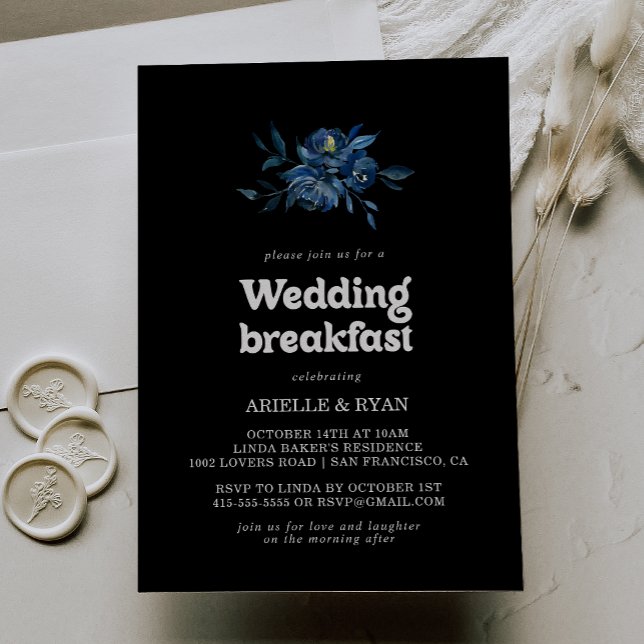 Royal Navy Blue Floral Wedding Breakfast Invitation (Creator Uploaded)