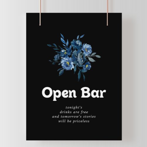 Royal Navy Blue Floral Wedding Open Bar Sign
