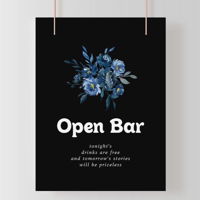 Royal Navy Blue Floral Wedding Open Bar Sign (Creator Uploaded)