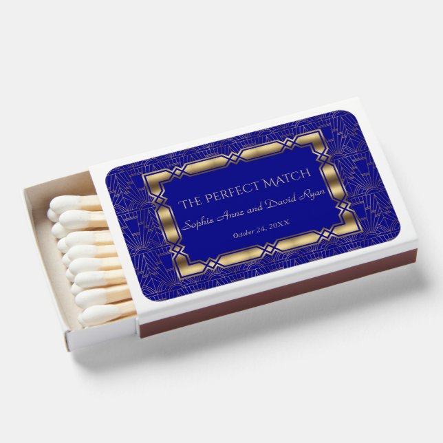 Royal Navy Blue Gold Art Deco 1920s Wedding  Matchboxes (Front Open)
