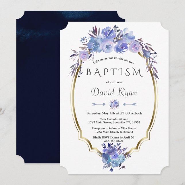 Royal Navy Blue Gold Blue Floral Boy Baptism Invitation (Front/Back)