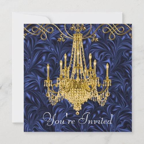 Royal Navy Blue Gold Chandelier Party Invitations