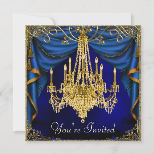 Royal Navy Blue Gold Chandelier Party Invitations