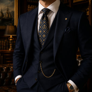 Royal Navy Blue & Gold Crown Luxury Regal Neck Tie