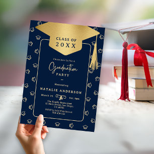 Royal Navy Blue Gold Graduate Hat Graduation Party Invitation