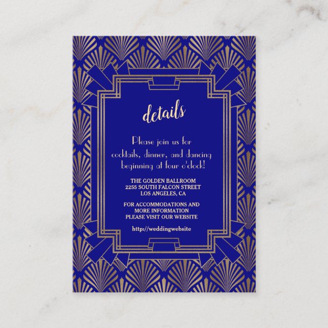 Royal Navy Blue Gold Great Gatsby Art Deco Wedding Enclosure Card (Front)