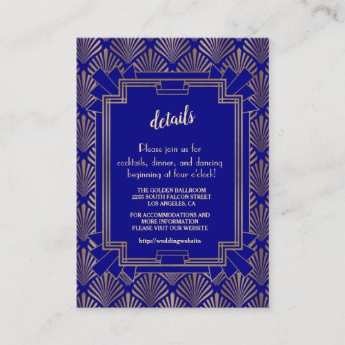 Royal Navy Blue Gold Great Gatsby Art Deco Wedding Enclosure Card