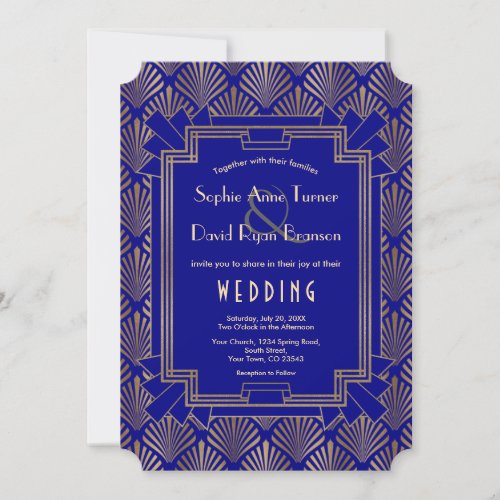 Royal Navy Blue Gold Great Gatsby Art Deco Wedding Invitation