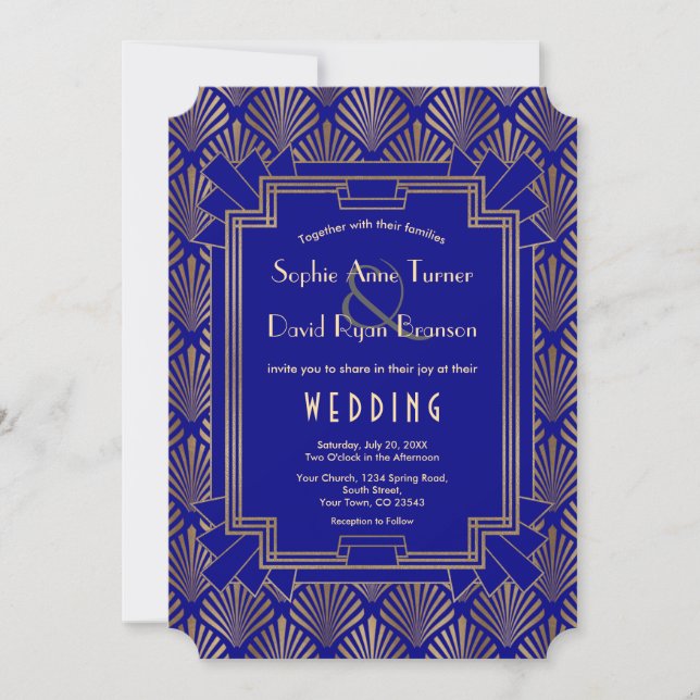 Royal Navy Blue Gold Great Gatsby Art Deco Wedding Invitation (Front)